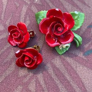 Cara China Staffordshire Red Rose Earrings and Brooch